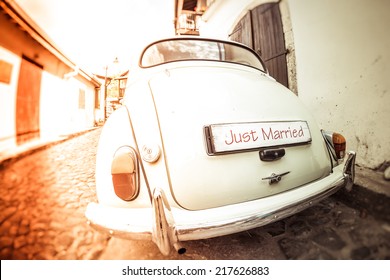 Antique Wedding Car With Just Married Sign