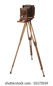 Antique wood view camera and tripod. Isolated with work path.