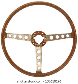 Antique Wooden Classic Car Steering Wheel Isolated On A White Background