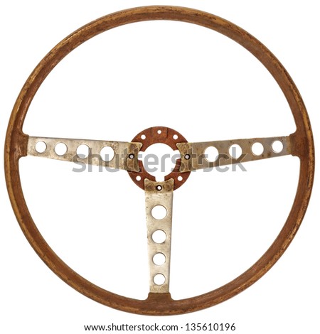 Antique wooden classic car steering wheel isolated on a white background