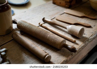 Antique Wooden Kitchen Tools: Rolling Pin, Masher, Paddle, Spatula