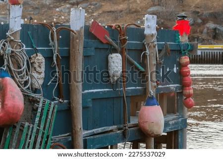 Antique wooden lobster fishing buoys hanging on a green wooden panel wall. The colorful, worn, and textured fishing supplies are weathered and worn. Marine buoys, fishing ropes, floaters, and oars.