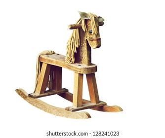 Antique wooden rocking horse isolated on white.