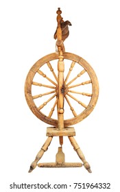 Antique Wooden Spinning Wheel, Isolated On White Background