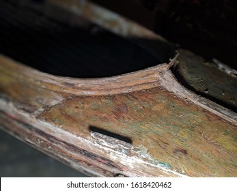 Antique Wooden Waterfowl Or Duck Hunting Skiff Boat. Selective Focus. 