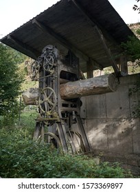 Antique Worster-Dietz Log Cutting Machine Made In Tubingen, Used To Make Lumber In The 1800's On Display On A Hotel Property Deep In The Black Forest, Germany. Aug 2019                             