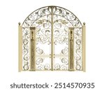 Antique wrought iron gates with decor.  Isolated over white background.