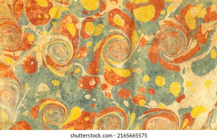 Antiquity. Base In Artisanal Marbled Paper, In Vat. Abstract Pattern. Binding Paper, Forming Part Of The Structure Of An Old Book Dating From The 18th Century (1778). Orange, Yellow, Blue. Size XL