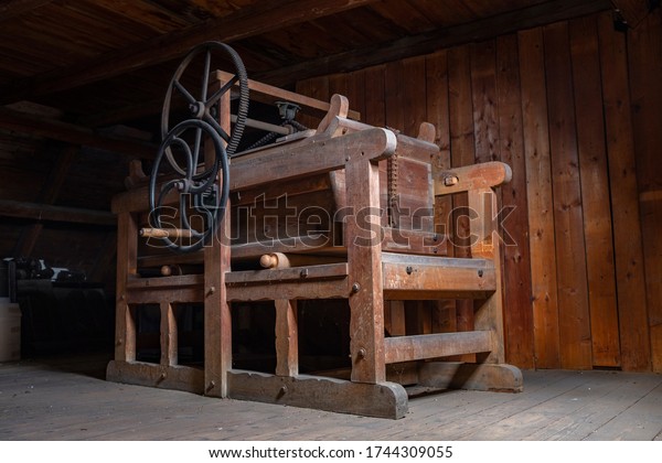 Antiquity - Historical German clothes wringer\
(mangle) in the attic