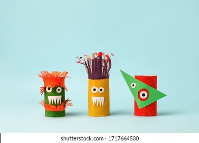 Antistress art therapy coronavirus pandemic, halloween concept - monsters from toilet paper roll tube. Simple diy creative idea. Eco-friendly reuse recycle decor, kindergarten paper craft - Powered by Shutterstock