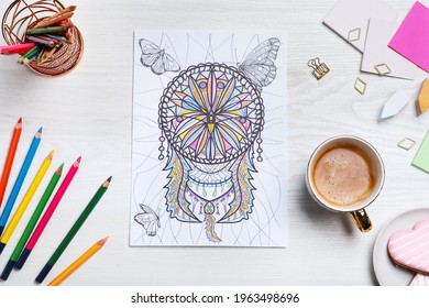 Antistress Coloring Page, Pencils And Coffee On White Wooden Table, Flat Lay