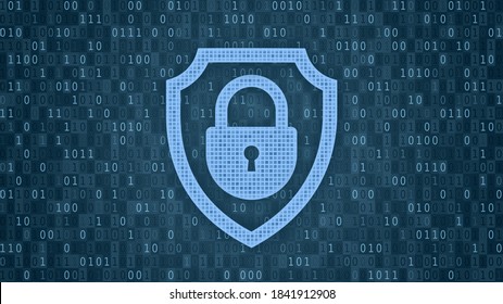 Antivirus, Data Protection And Cybersecurity Contept. Collage illustration of closed padlock with keyhole icon in the guard shield on abstract digital blue background with binary code