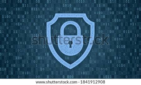 Antivirus, Data Protection And Cybersecurity Contept. Collage illustration of closed padlock with keyhole icon in the guard shield on abstract digital blue background with binary code