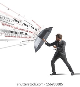Antivirus and firewall concept with businessman and umbrella