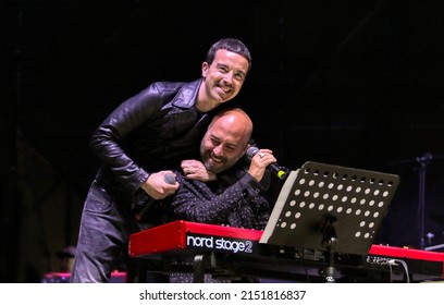 Antonio Diodato Embraces Giuliano Sangiorgi And They Sing At The Concert On May 1st In Taranto, Puglia, Italy - 01.05.2022