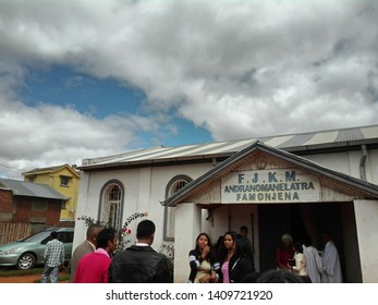 Antsirabe, Madagascar - May 05 2019 : People Talking In Front Of A Protestant Church After Worship Service