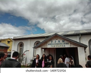 Antsirabe, Madagascar - May 05 2019 : People Talking In Front Of A Protestant Church After Worship Service