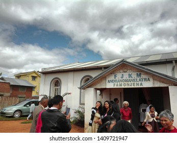 Antsirabe, Madagascar - May 05 2019 : People Talking In Front Of A Protestant Church After Worship Service