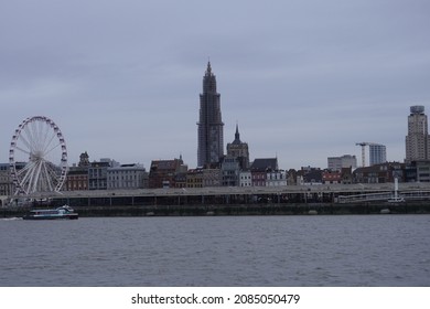 Antwerp in autumn: skyline of Antwerp from the left bank of the river Scheldt
