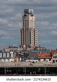 Antwerp, Belgium, 01-07-2022, Right bank of the river Scheldt in Antwerp with the tall KBC building