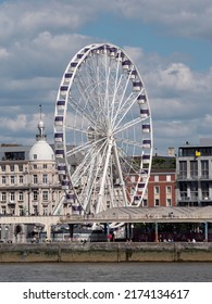 Antwerp, Belgium, 01-07-2022, Right bank of the river Scheldt in Antwerp with the Ferris wheel called The Vie