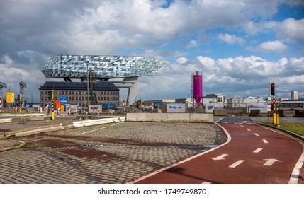 Antwerp, Belgium - 1 May 2020: Bike Lane Leading To The Modern Port House Of Antwerp.