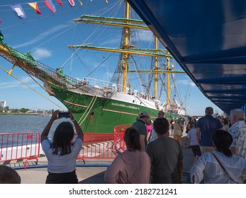 Antwerp, Belgium, 24 July 2022, The tall ships races, The German sailing ship Alexander von Humboldt II on the river Scheldt at the quay in Antwerp