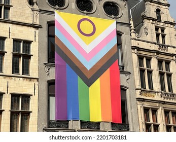 ANTWERP, BELGIUM - 27 Aug. 2022: Close Up Of A Large Intersex All Inclusive LGBTQIA+ Flag Hanging Outside A Building Near The Great Market Square Of Antwerp