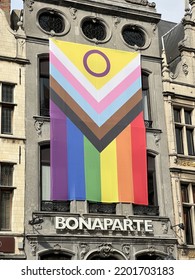 ANTWERP, BELGIUM - 27 Aug. 2022: Close Up Of A Large Intersex All Inclusive LGBTQIA+ Flag Hanging Outside A Building Near The Great Market Square Of Antwerp