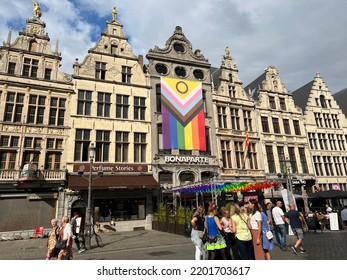 ANTWERP, BELGIUM - 27 Aug. 2022:  Large Intersex All Inclusive LGBTQIA+ Flag Hanging Outside Historical Buildings Near The Great Market Square Of Antwerp