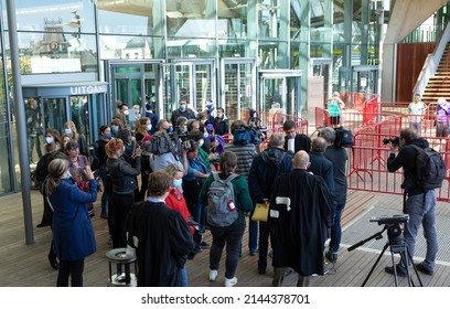 Antwerp, Belgium 5 May 2020: Lawyer Giving Press Conference Outside Of Antwerp Courthouse