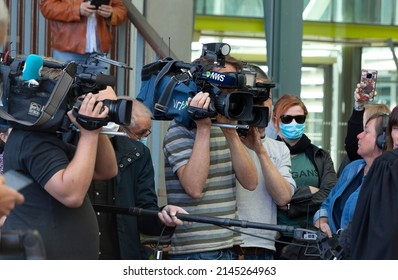 Antwerp, Belgium 5 May 2020: Belgian Television News Camera And Sound Crew In Action. Professional Cameras On Shoulder