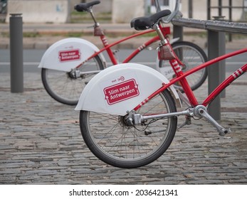 Antwerp, Belgium, August 21, 2021, Rent A Shared Bike, Bikes To Rent With The Inscription, Smart To Antwerp