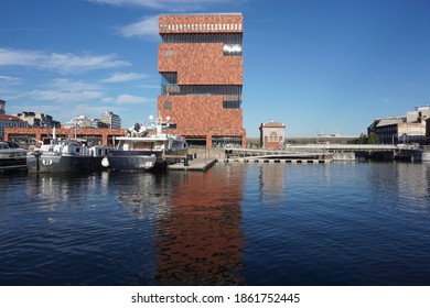 Antwerp, Belgium - August 6, 2018; The 'Museum Aan de Stroom' is located on the edge of the Willemdok marina