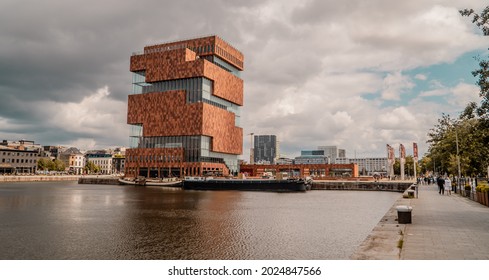 Antwerp, Belgium - August 8, 2021 - panorama view of the port and the modern MAS (Museum aan de Stroom)