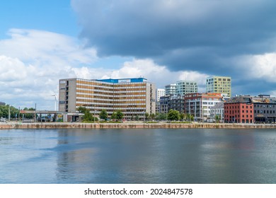 Antwerp, Belgium - August 8, 2021 - modern office buildings in the port of Antwerp