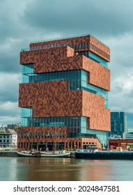 Antwerp, Belgium - August 8, 2021 - vertical view of the MAS (Museum aan de Stroom)
