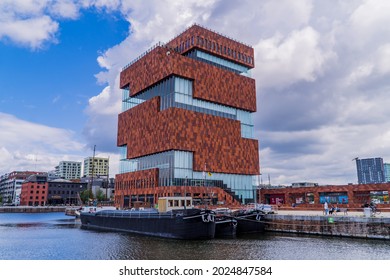 Antwerp, Belgium - August 8, 2021 - the modern MAS (Museum aan de Stroom), one of the most distinctive landmarks in Antwerp