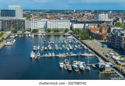 Antwerp, Belgium - August 8, 2021 - panoramic aerial view of boats in the Willemdok Jachthaven (yacht port) in Antwerp seen from MAS Museum