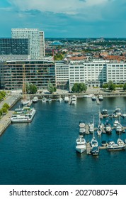 Antwerp, Belgium - August 8, 2021 - aerial view of boats in the Willemdok Jachthaven (yacht port) in Antwerp seen from MAS Museum