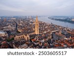 Antwerp, Belgium. Cathedral of Our Lady of Antwerp. River Scheldt (Escout). Summer morning. Aerial view