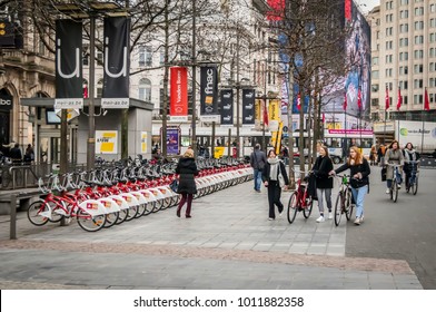 ANTWERP, BELGIUM. January 26, 2018. Bicycles Lined Up At The Antwerp Velo Bike Rental Station At The Central Meir Street.