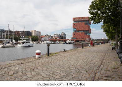 Antwerp, Belgium, July 19, 2020, The quay of the Willemdok with the Museum aan de Stroom called MAS