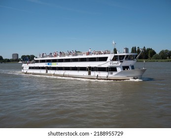 Antwerp, Belgium, July 24, 2022, The Verdi of Rivertours, a three-deck passenger ship sails during the tall ship races on the Scheldt in Antwerp