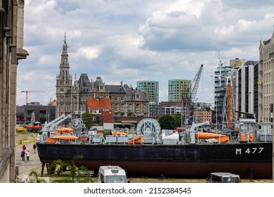 ANTWERP, BELGIUM - Jun 11, 2012: Ships docked in the harbor of Antwerp on the Scheldt river, Belgium, Europe