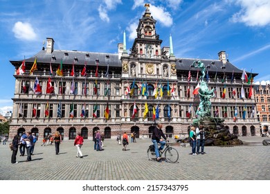 ANTWERP, BELGIUM - Jun 11, 2012: Details of the facade of the historical building, Antwerp City Hall, Belgium, Europe