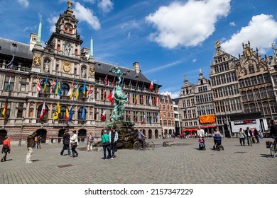ANTWERP, BELGIUM - Jun 11, 2012: Details of the facade of the historical building and a statue, Antwerp City Hall, Belgium, Europe