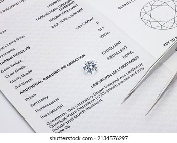 Antwerp, Belgium - March 2022: Lab Grown Diamond Photographed on IGI Diamond Grading Certificate