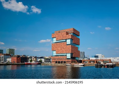 ANTWERP, BELGIUM - MAY 26, 2018: MAS (Museum aan de Stroom - Museum by the River) on river Scheldt. Opened in 2011, is the largest museum in Antwerp and an example of postmodern Art Deco architecture