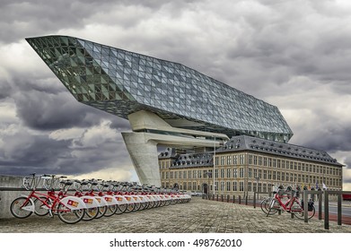 ANTWERP, BELGIUM - Oktober 14, 2016: New Office Port In The Harbor Of Antwerp , Belgium. Bicycle Parking For Rent.